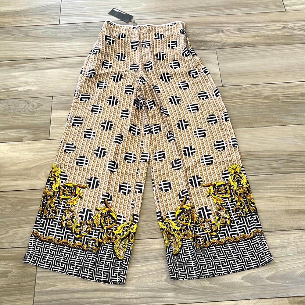COPY - NWT Gianfranco Ferre wide leg silky palazzo pants trousers gold logo bla…